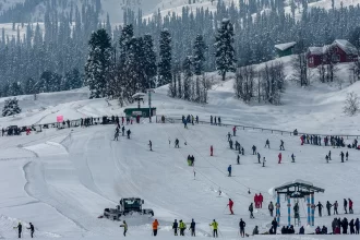 Fresh snowfall received in Gulmarg, as the valley is adorned in a white-blanket